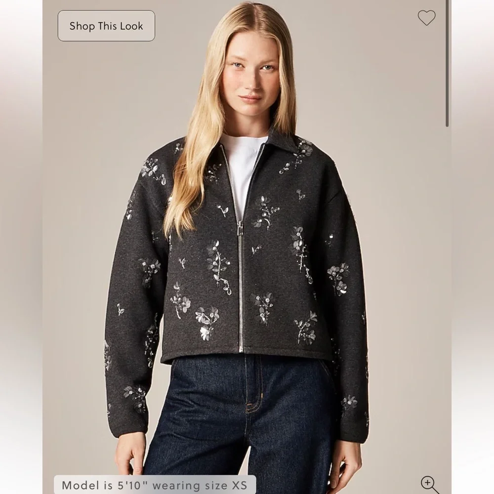 J.Crew Embellished bomber jacket in heritage fleece Hthr Grey